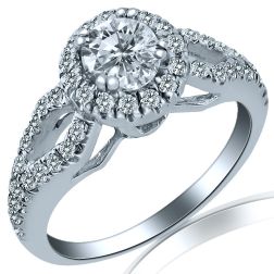 0.96 Ct Round Cut Diamond Halo Engagement Ring 14k White Gold 
