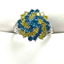 1.29 TCW Blue Yellow Natural Diamond Cocktail Engagement Ring 14k Gold