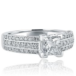 1.64 Ct Princess Cut 3 Rows Diamond Engagement Ring 14k White Gold
