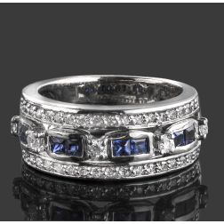 0.88 Ct Sapphire Diamond Anniversary Ring 14k White Gold