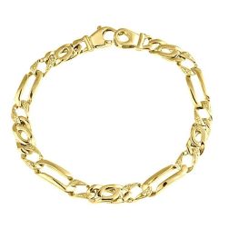 Men's Tiger Eye Cuban Figaro Link Curb Bracelet 14k Solid Yellow Gold 17.2 g 6.5 mm