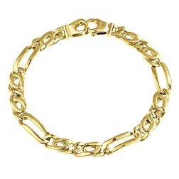 Men's Tiger Eye Figaro Link Bracelet 14k Yellow Gold Handmade 21.1 g 7 mm