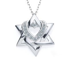 Diamond Jewish Star 0.10 Ct Heart Pendant 14k White Gold 