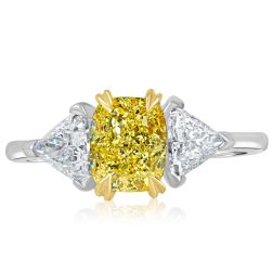 3 Stone GIA Certified 2.13 CT Cushion Light Yellow Diamond Ring 18k Gold